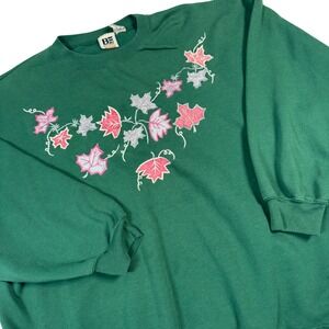 VTG Women 20W/ XL Green Fall Leaf Embroidered Sweatshirt Pullover Cottage Granny